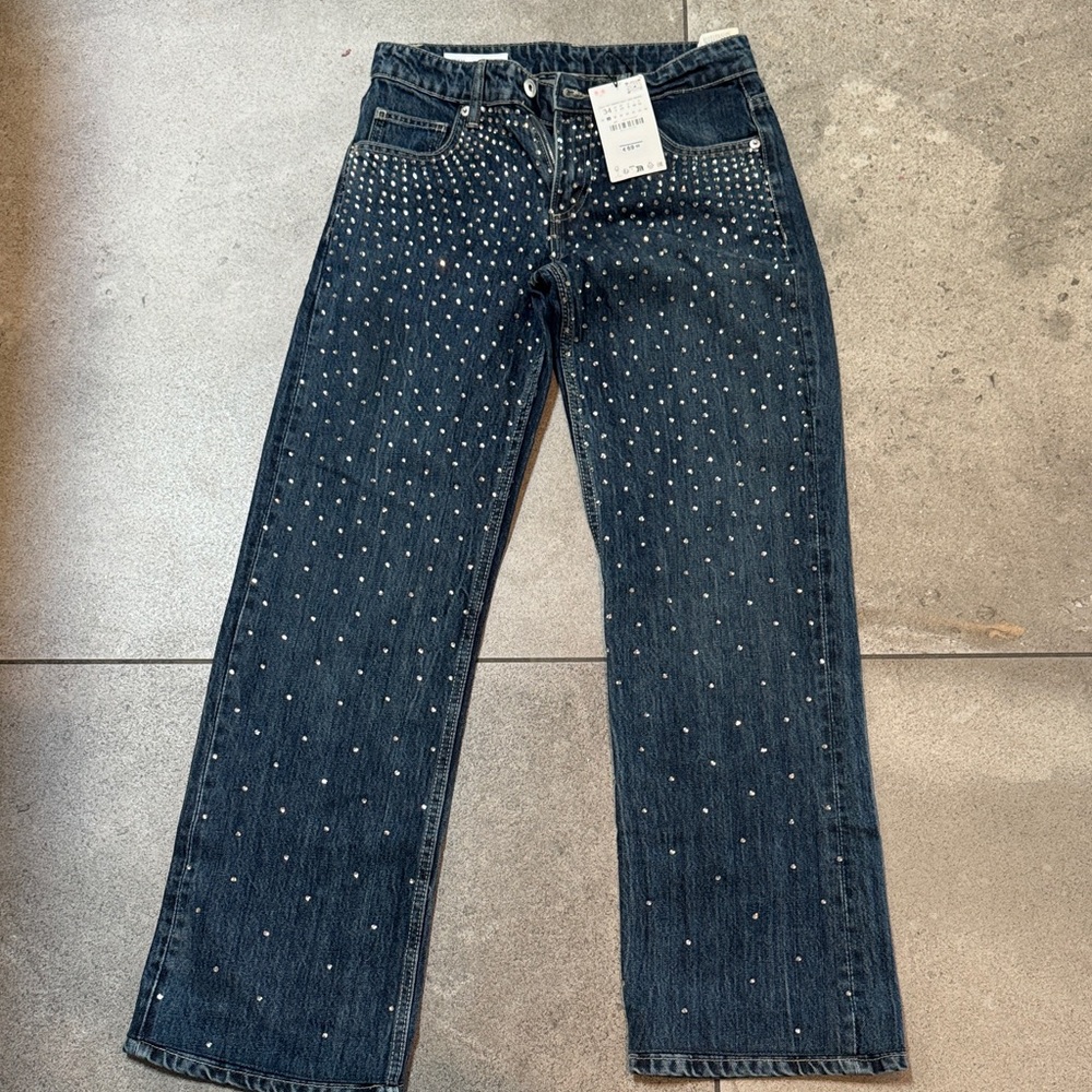 Zara Dark Blue Straight-Leg Jeans with Silver Studs